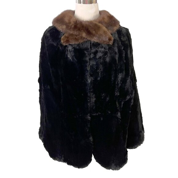 Black Sheared Beaver Fur Cape with Brown Mink Collar Vintage 1940s Front Closure - Picture 1 of 9